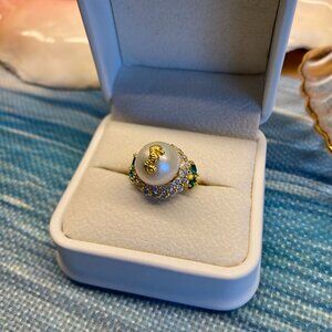GIANT Freshwater Pearl Ring with Tiny Seahorse Charm Halo of Crystals Gems Cute